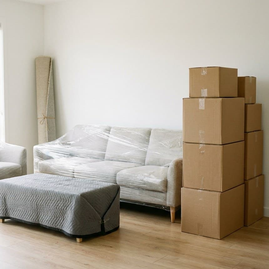 Living room packed for moving, with the sofa and armchair wrapped in plastic beside a stack of sealed boxes