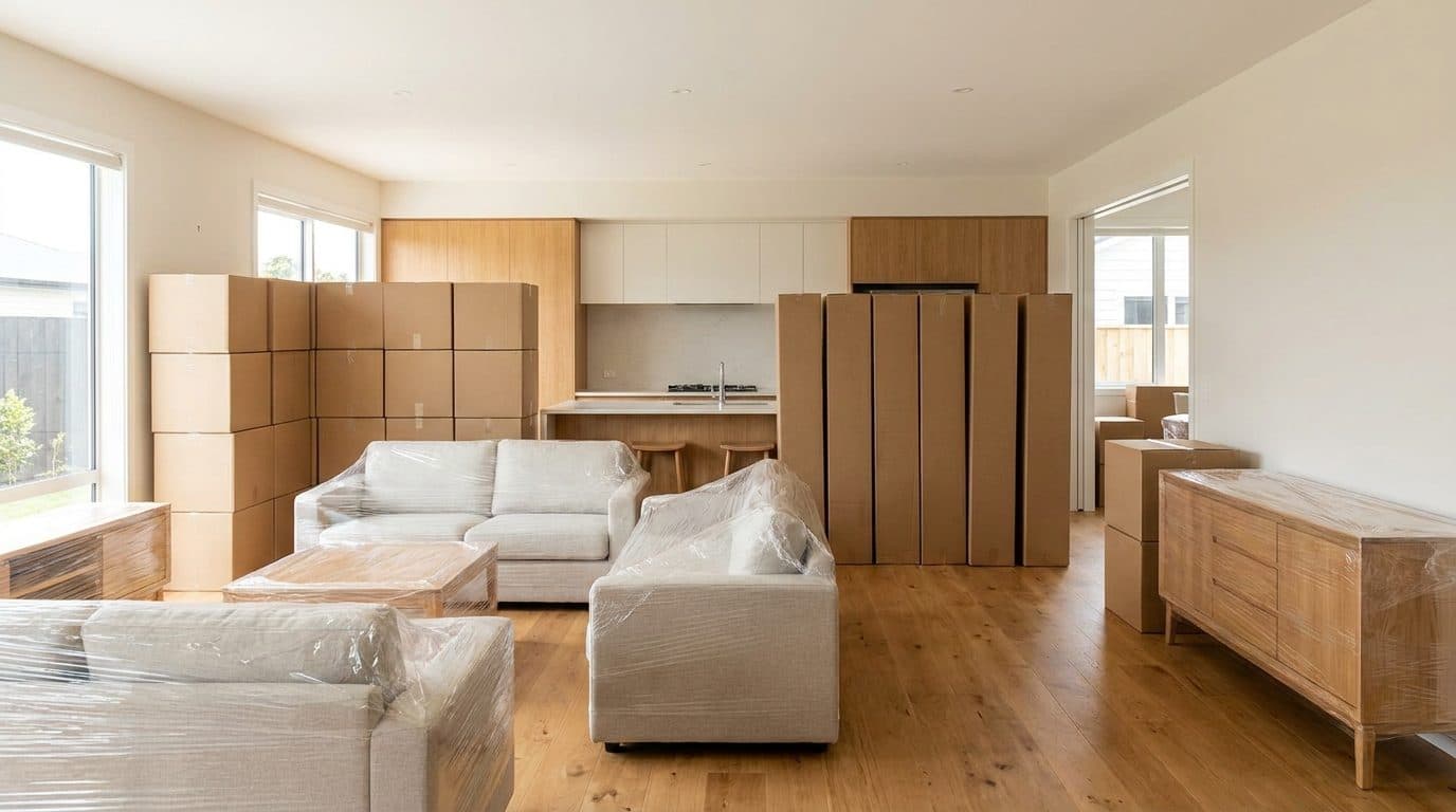 A large open plan family home mid-pack, with moving boxes stacked across the room, upright wardrobe boxes and wrapped furniture