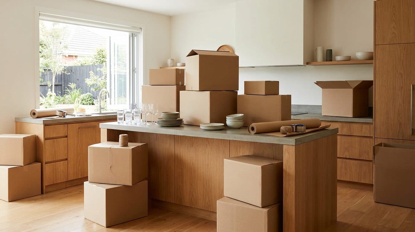 A large kitchen mid-pack, with moving boxes across the island and floor and glassware grouped ready to wrap