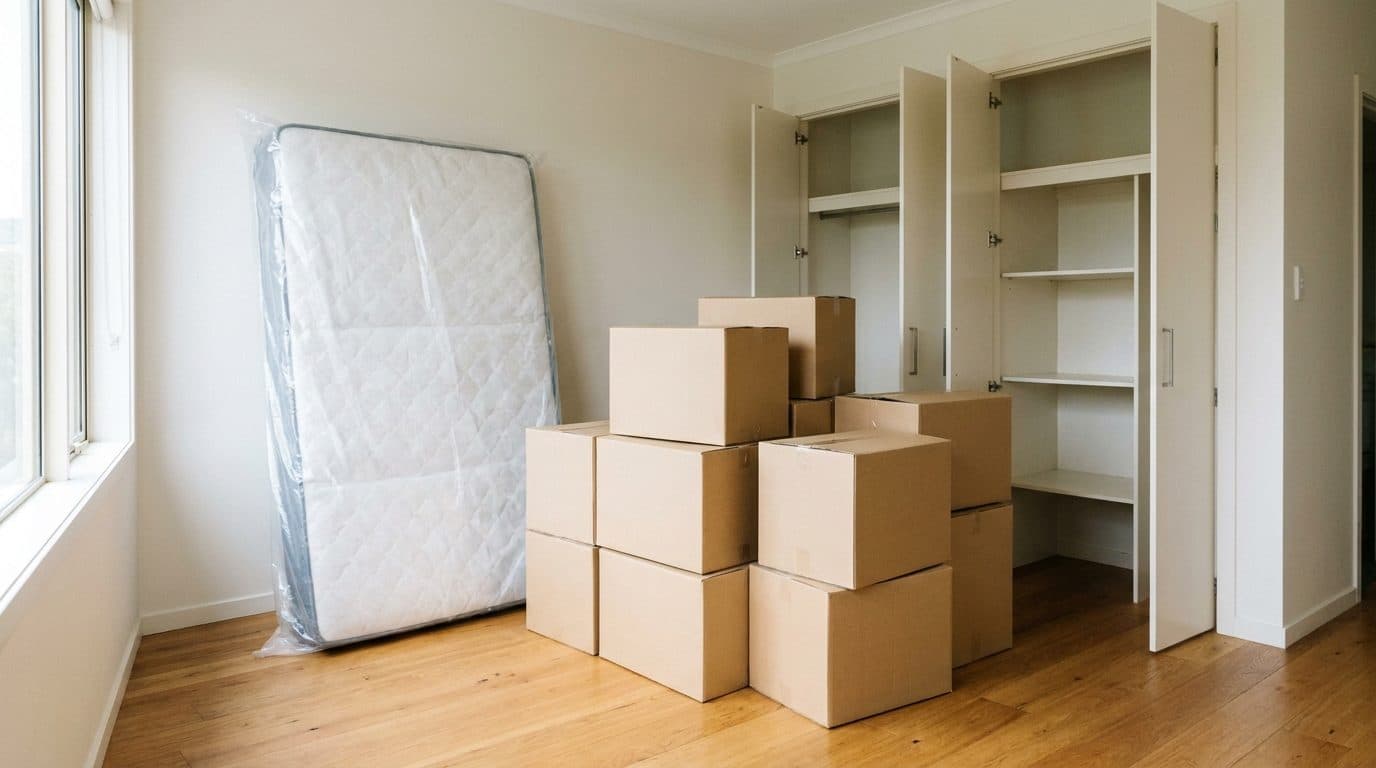 A one bedroom home mid-pack, with a mattress sealed in a protective bag and a stack of moving boxes beside an empty wardrobe