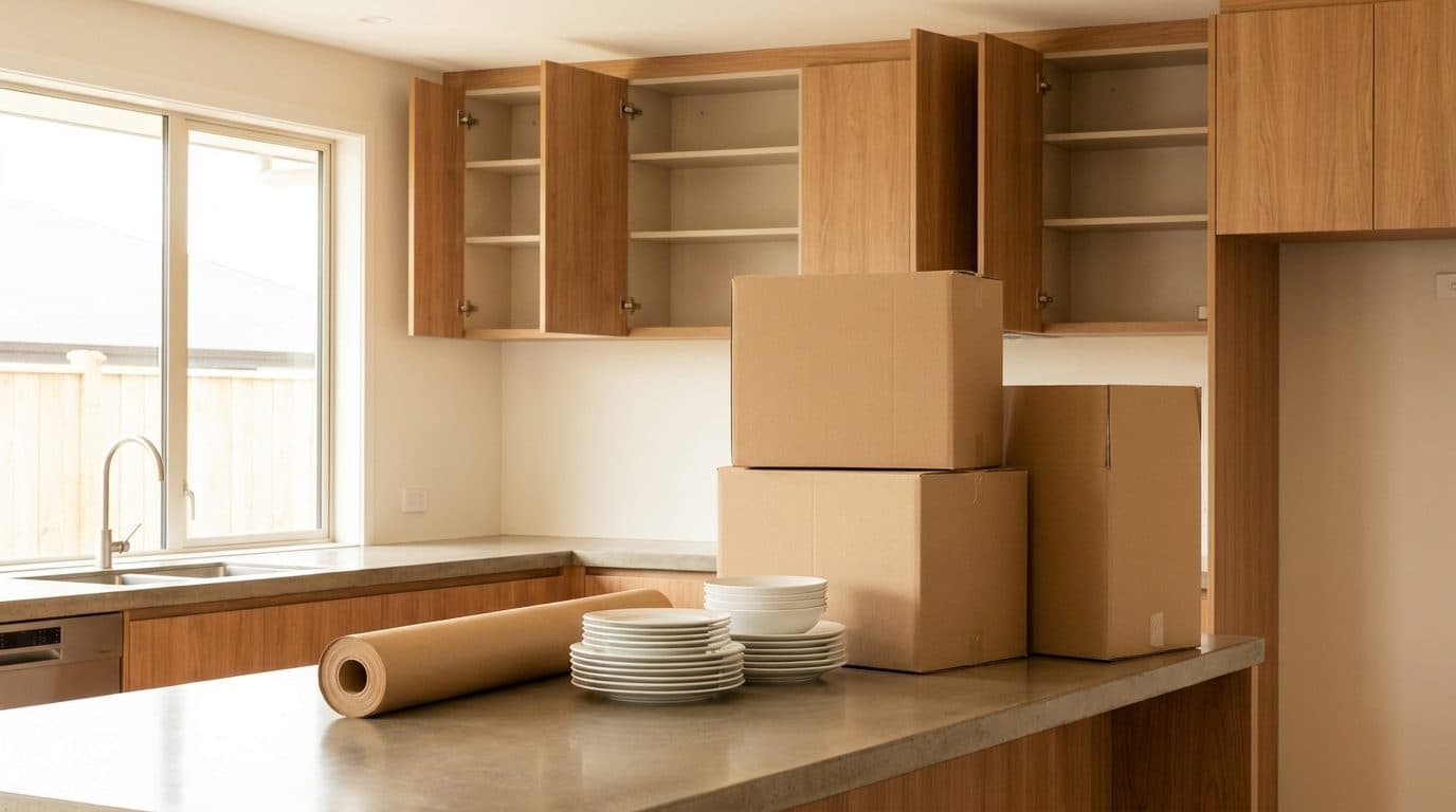 A compact kitchen part way through packing, with a few moving boxes, stacked plates and a roll of packing paper on the bench
