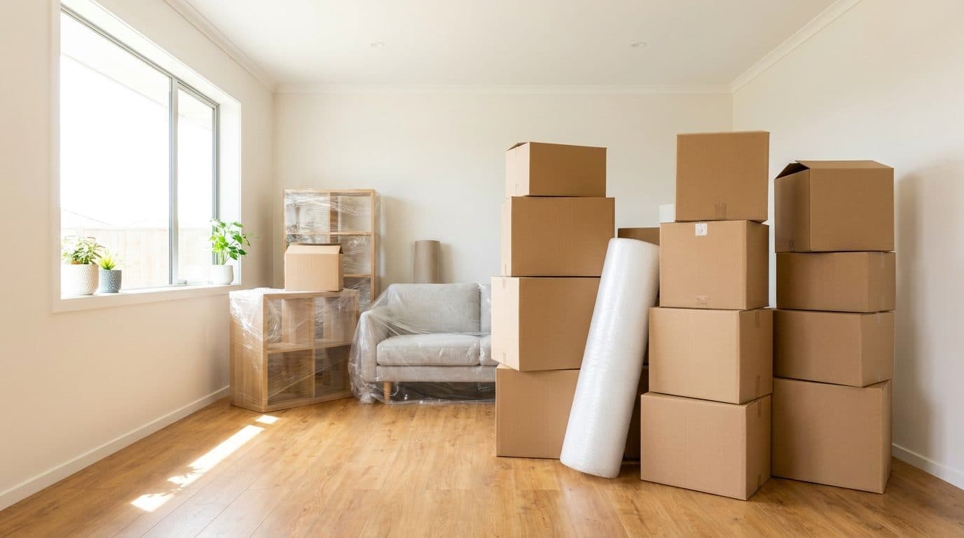 A three bedroom family living room mid-pack, with tall stacks of moving boxes and a roll of bubble wrap