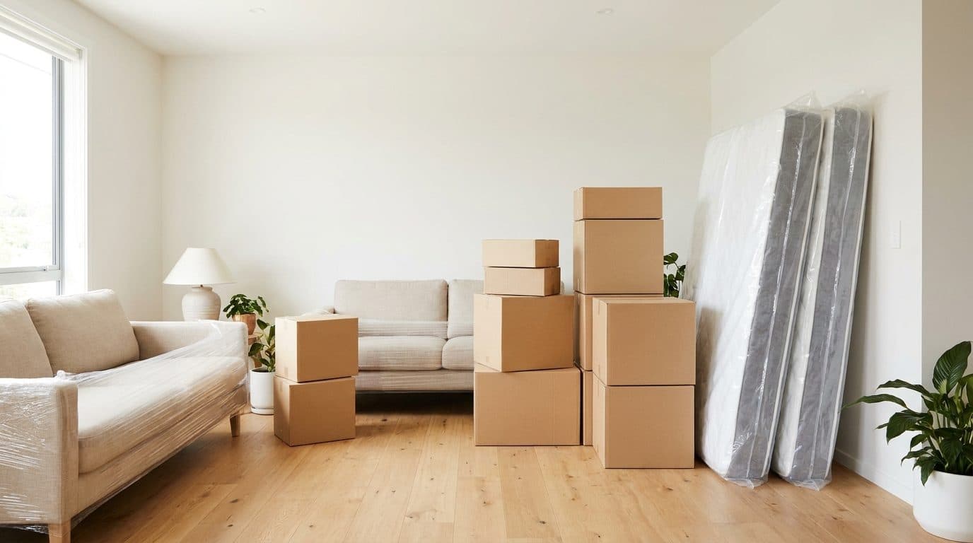 A two bedroom apartment living area mid-pack, with stacks of moving boxes, two mattresses in protective bags and a wrapped sofa