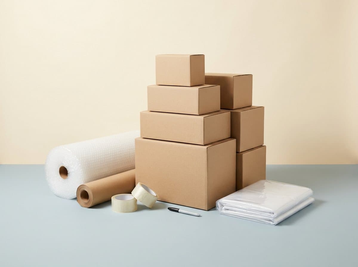 Moving boxes, bubble wrap, tape and furniture covers