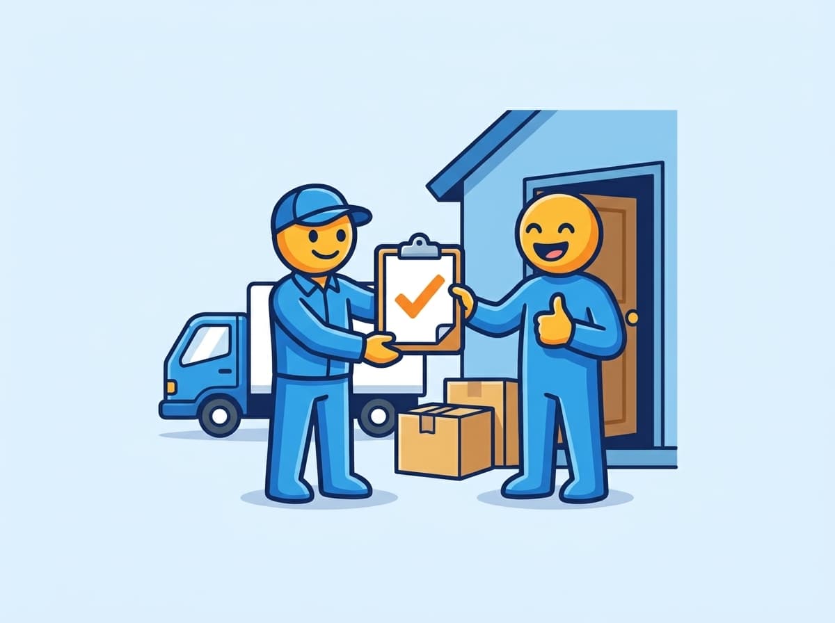 Illustration of a mover handing a ticked quote to a happy customer at their front door