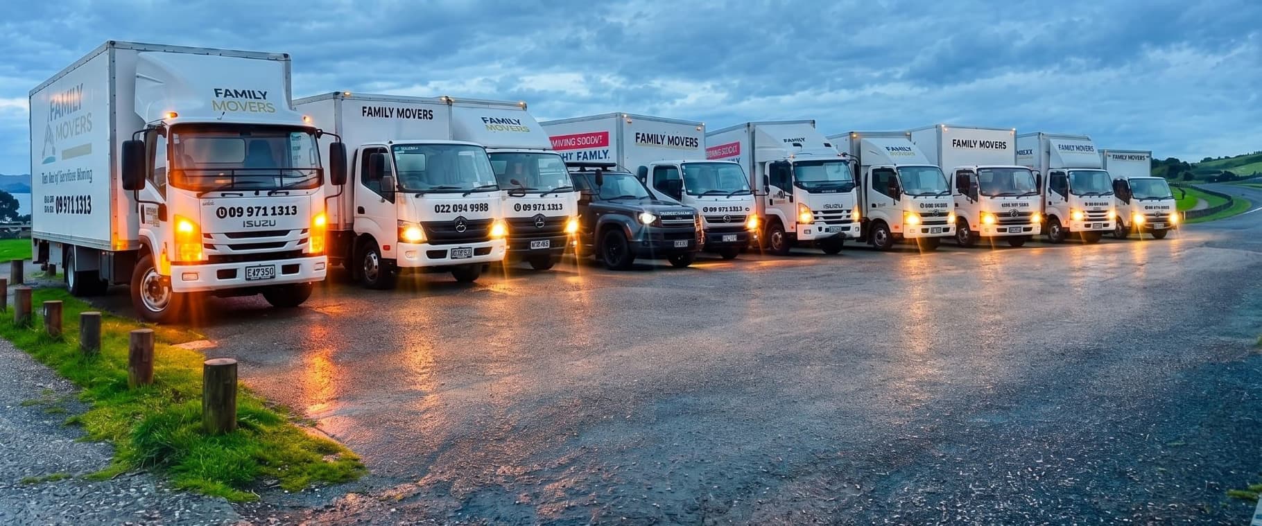 Family Movers fleet lined up at dusk with headlights on